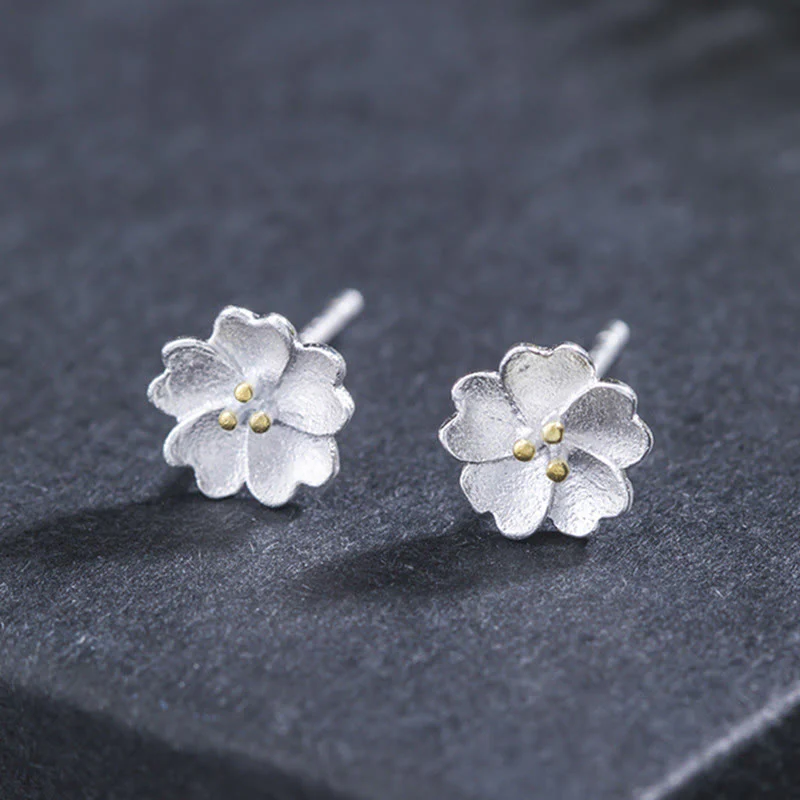 Buddha Stones 925 Sterling Silver Cherry Blossoms Floral Calm Stud Earrings