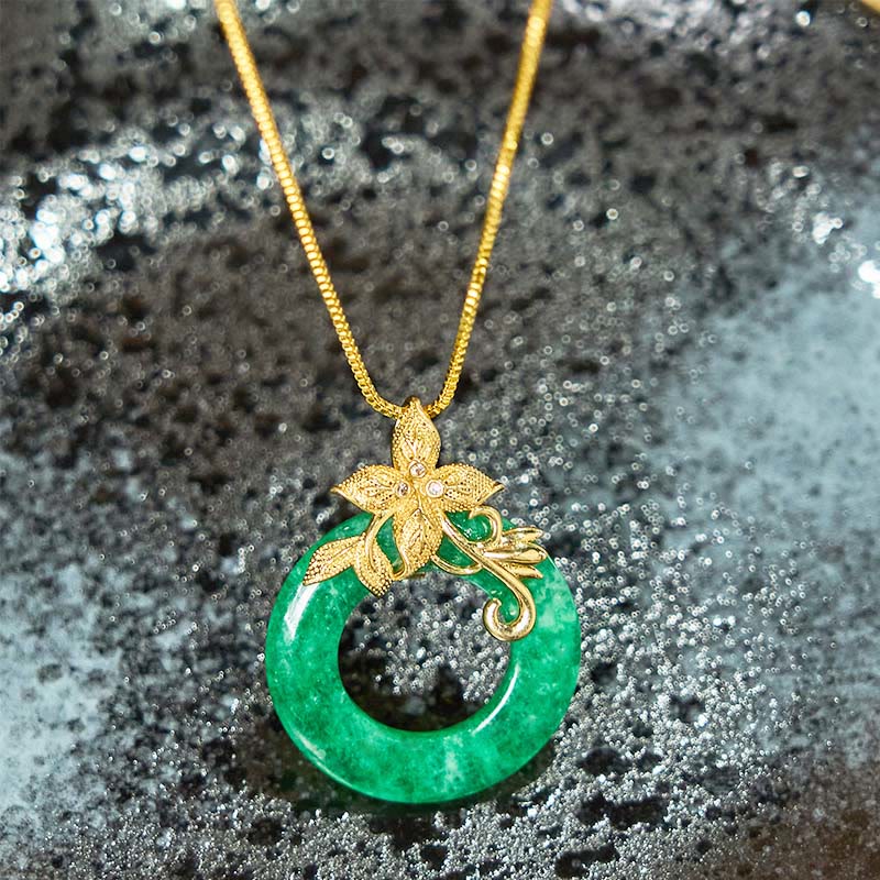 Buddha Stones Cyan Jade Peace Buckle Alloy Flower Healing Luck Necklace Pendant