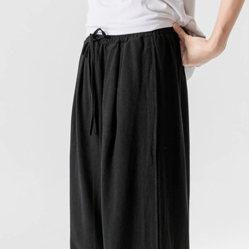 Buddha Stones Casual Loose Frog-Button Plain Men's Cotton Linen 7-8 Length Pants With Pockets