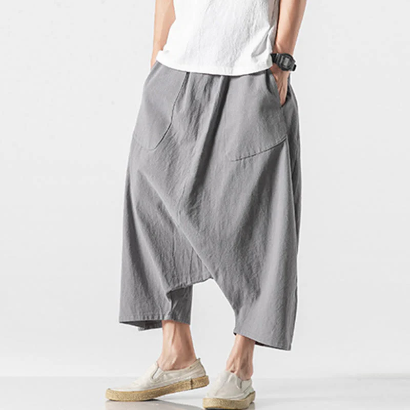 Buddha Stones Casual Low Crotch Design Drawstring Men's 7-8 Length Cotton Linen Wide Leg Pants With Pockets