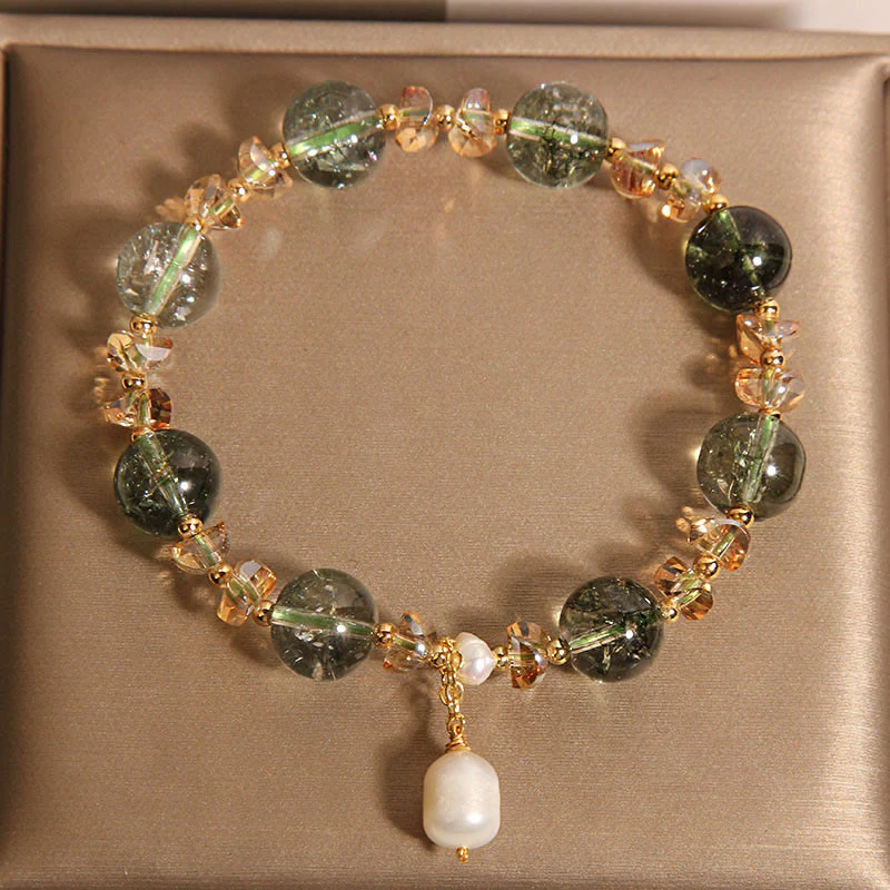 Buddha Stones Natural Green Phantom Pearl Gravel Crystal Stone Confidence Bracelet