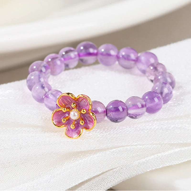 Buddha Stones 3mm Amethyst Peach Blossom Elastic String Ring