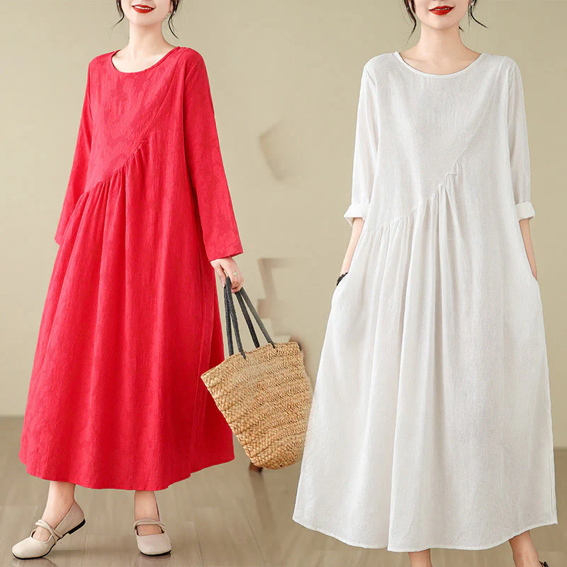 Buddha Stones Plain Jacquard Flower Irregular Design Cotton Linen Midi Dress With Pockets