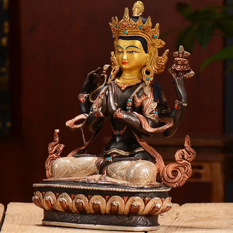 Buddha Stones Bodhisattva Chenrezig Four-armed Avalokitesvara Protection Copper Statue Decoration