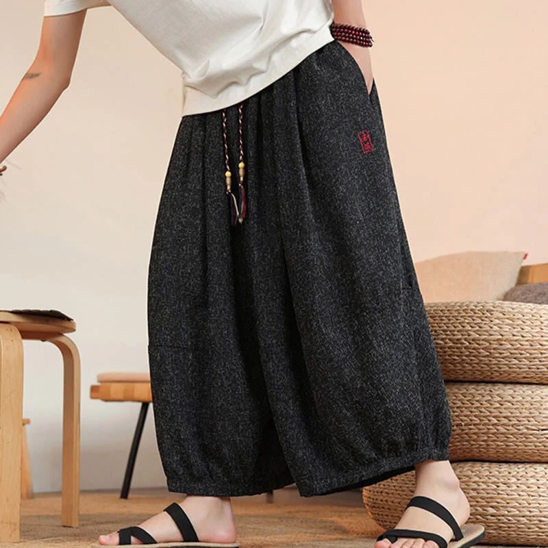 Buddha Stones Summer Characters Embroidery Drawstring Men's Cropped Ankle-Length Harem Pants With Pockets