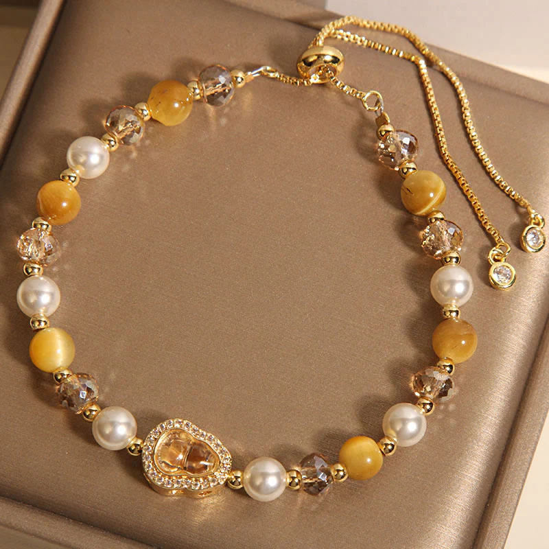 Buddha Stones Yellow Cat's Eye Stone Pearl Gourd Prosperity Bracelet