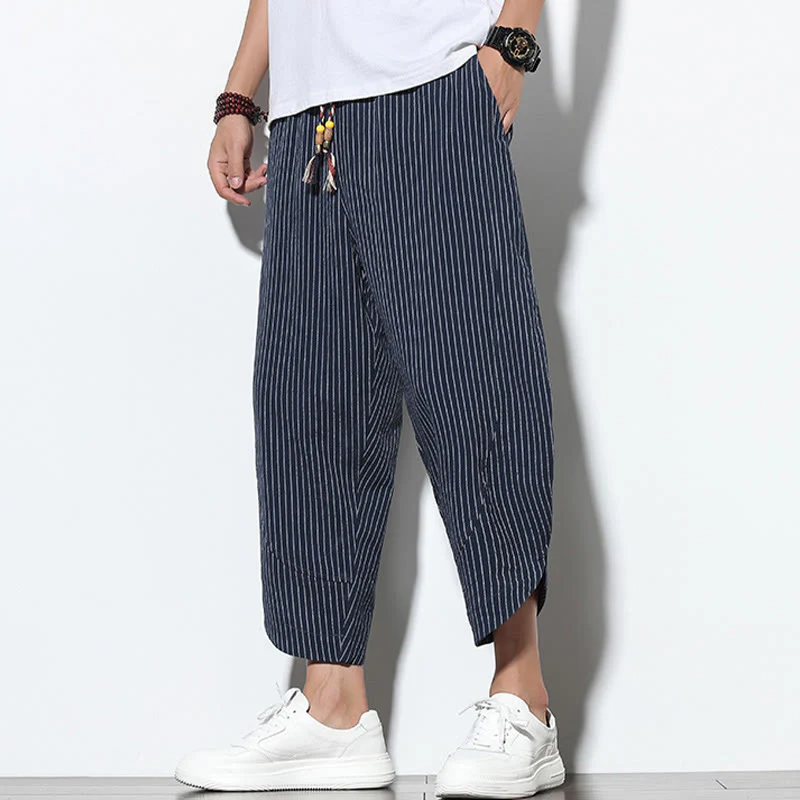 Buddha Stones Summer Stripes Pattern Drawstring Cotton Linen Men's 7-8 Length Harem Pants With Pockets
