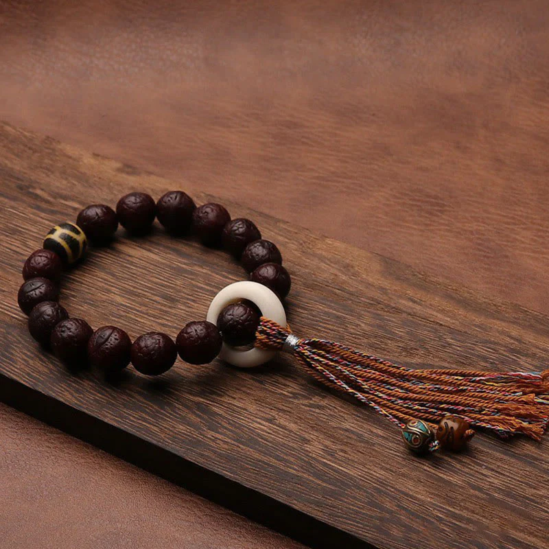 Buddha Stones Tibetan Bodhi Seed Agate Bead Luck Wealth Tassel Charm Wrist Mala