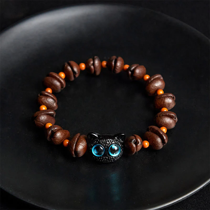 Buddha Stones Natural Cute Cat Coffee Beans Bracelet