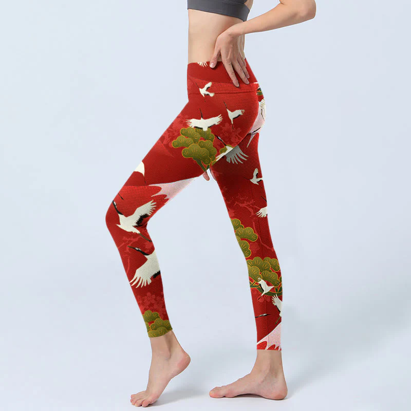 Buddha Stones Crane Mount Fuji Pine Tree Pattern Print Gym Leggings Women's Yoga Pants