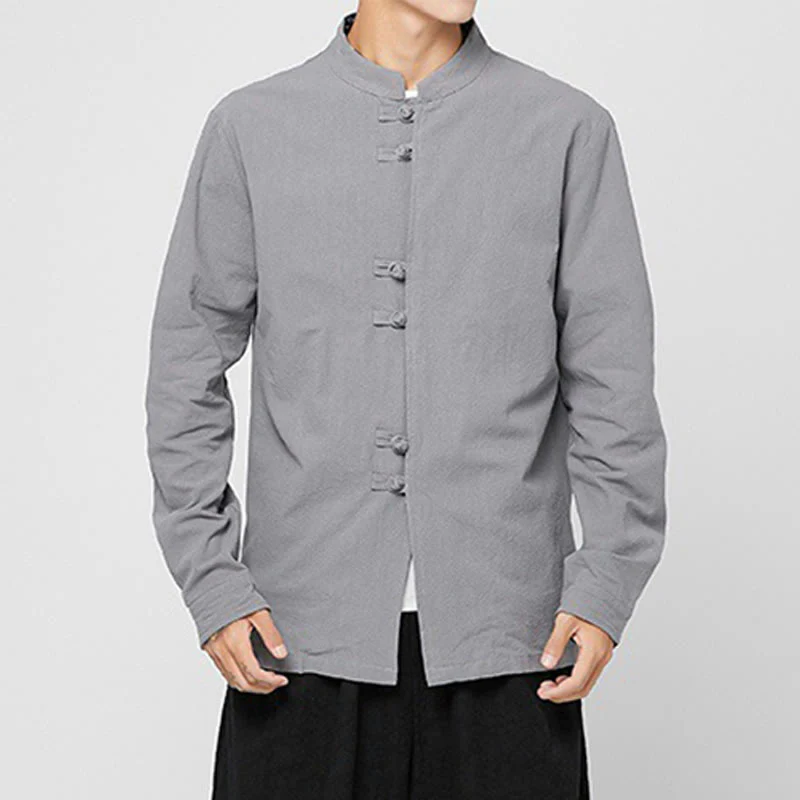 Buddha Stones Men's Frog-Button Dragon Pattern Cuffs Cotton Long Sleeve Shirt