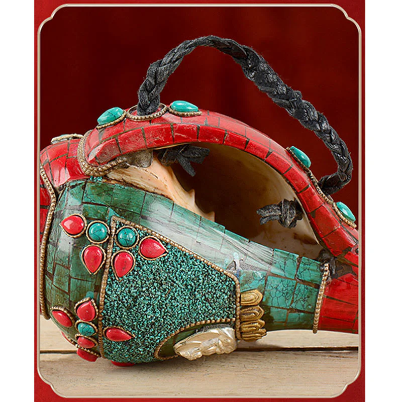 Buddha Stones Tibetan Handmade Shankha Om Mani Padme Hum Buddha Avalokitesvara Turquoise Conch Shell Positive Decoration