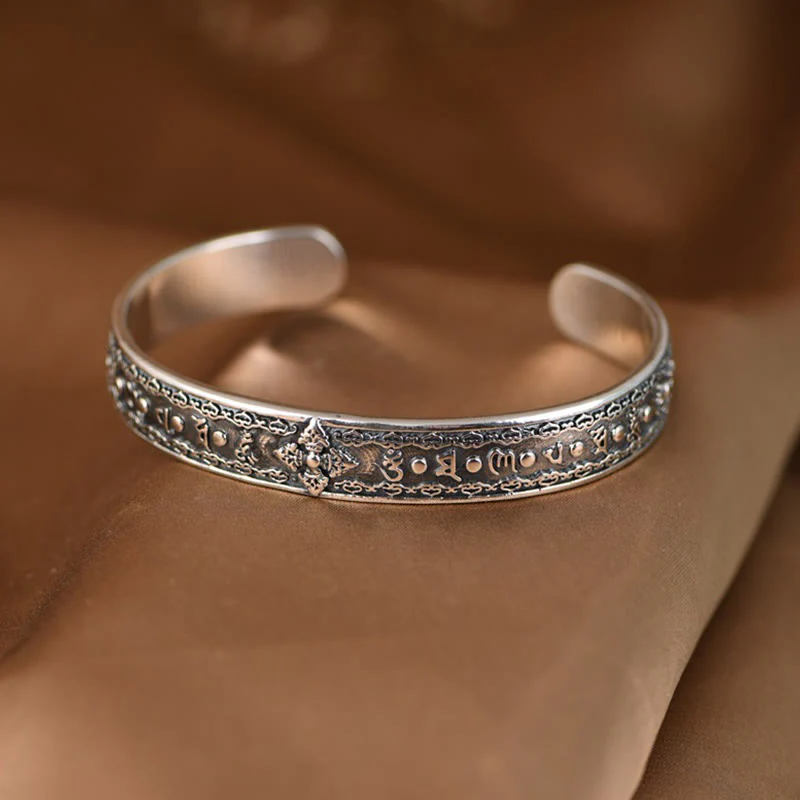Buddha Stones 925 Sterling Silver Om Mani Padme Hum Double Dorje Engraved Wisdom Cuff Bracelet Bangle