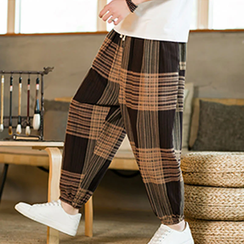 Buddha Stones Summer Checkered Stripes Cotton Linen Men's Harem Pants With Pockets