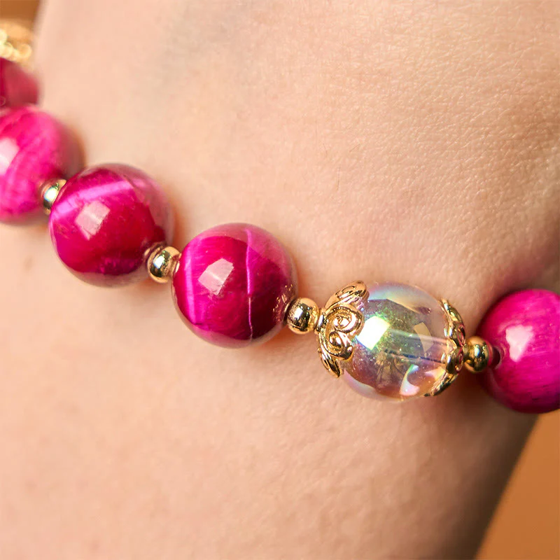 Buddha Stones Natural Red Tiger Eye Purple Tiger Eye Beads Green Leaf Protection Bracelet