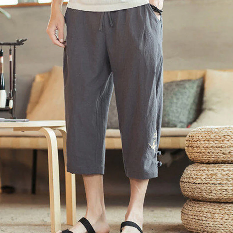 Buddha Stones Crane Embroidery Cotton Men's Cropped Harem Pants With Pockets