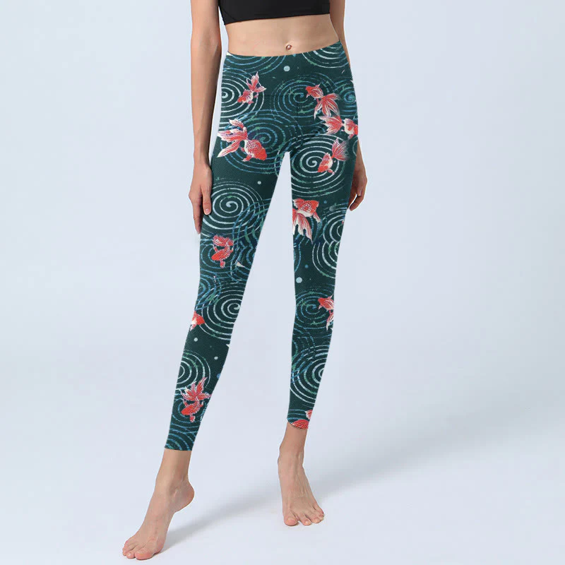 Buddha Stones Red Koi Fish Water Ripple Print Gym Leggings Women's Yoga Pants