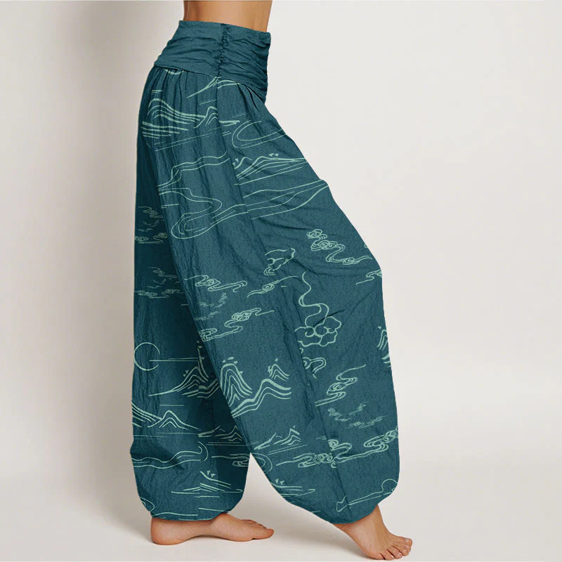 Buddha Stones Mountain Moon Auspicious Clouds Pattern Women's Elastic Waist Harem Pants