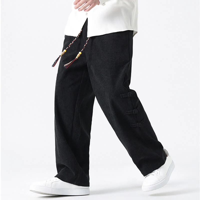 Buddha Stones Plain Chinese Frog-Button Design Drawstring Men's Corduroy Pants With Pockets
