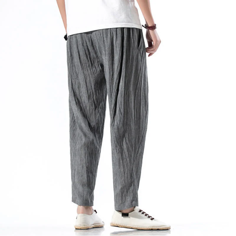 Buddha Stones Casual Plain Pleated Design Drawstring Men's Long Cotton Linen Harem Pants With Pockets