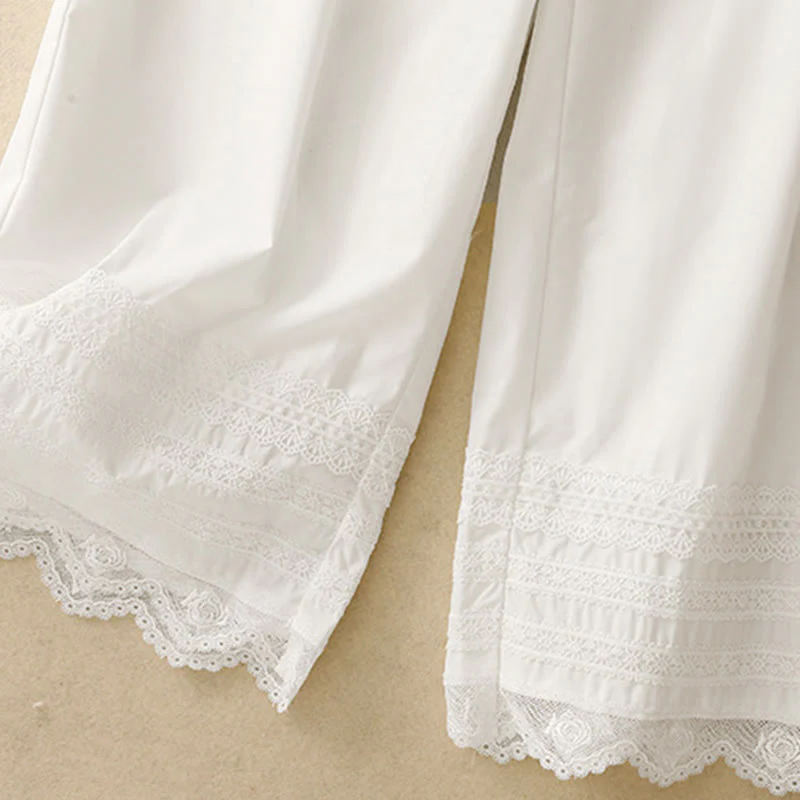 Buddha Stones Commute Plain Lace Patchwork Drawstring Design Women's Wide Leg Cotton Ankle-Length Pants With Pockets