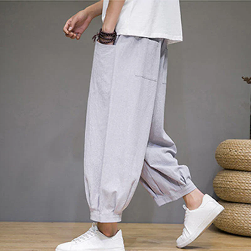 Buddha Stones Simple Cotton Men's Cropped Capri Harem Pants With Pockets