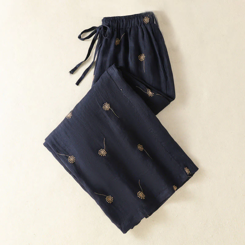 Buddha Stones MidnightBlue Commute Casual Dandelion Pattern Women's Wide Leg Cotton Linen Pants
