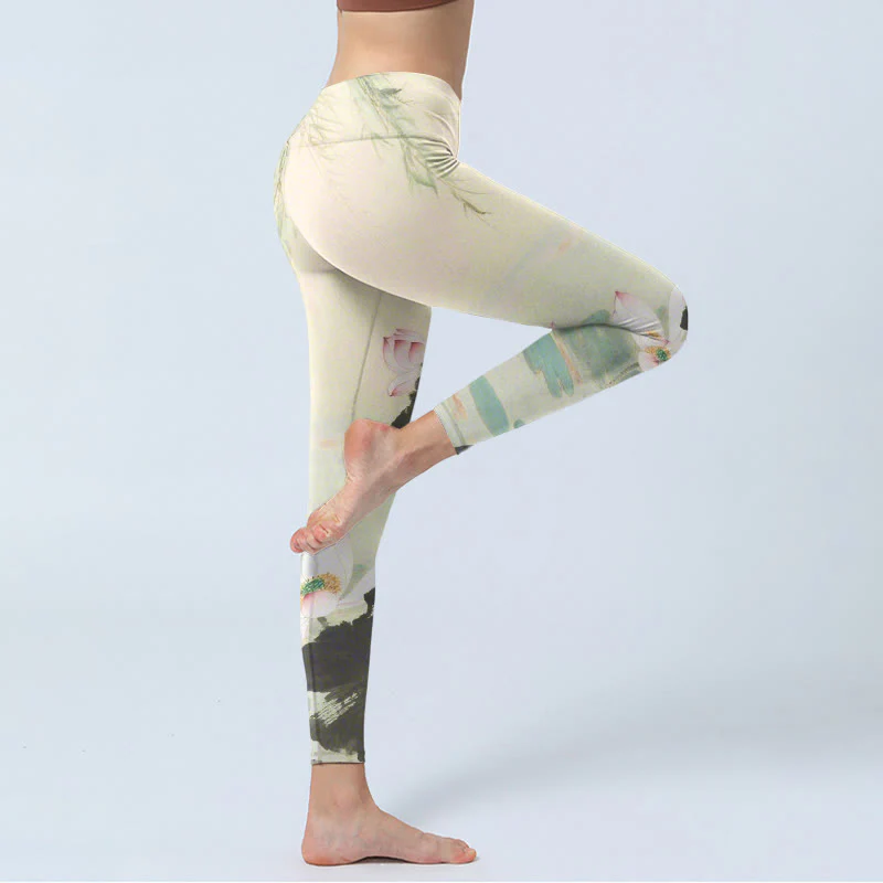 Buddha Stones Willow Leaves Lotus Pond Pattern Print Gym Leggings Women's Yoga Pants