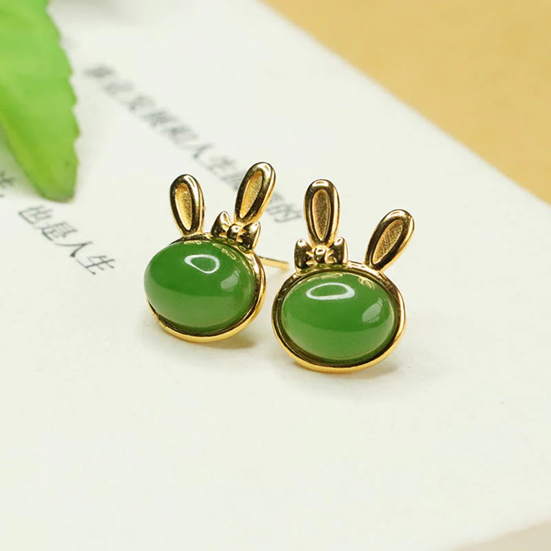 Buddha Stones 925 Sterling Silver Hetian Cyan Jade Cute Rabbit Luck Stud Earrings