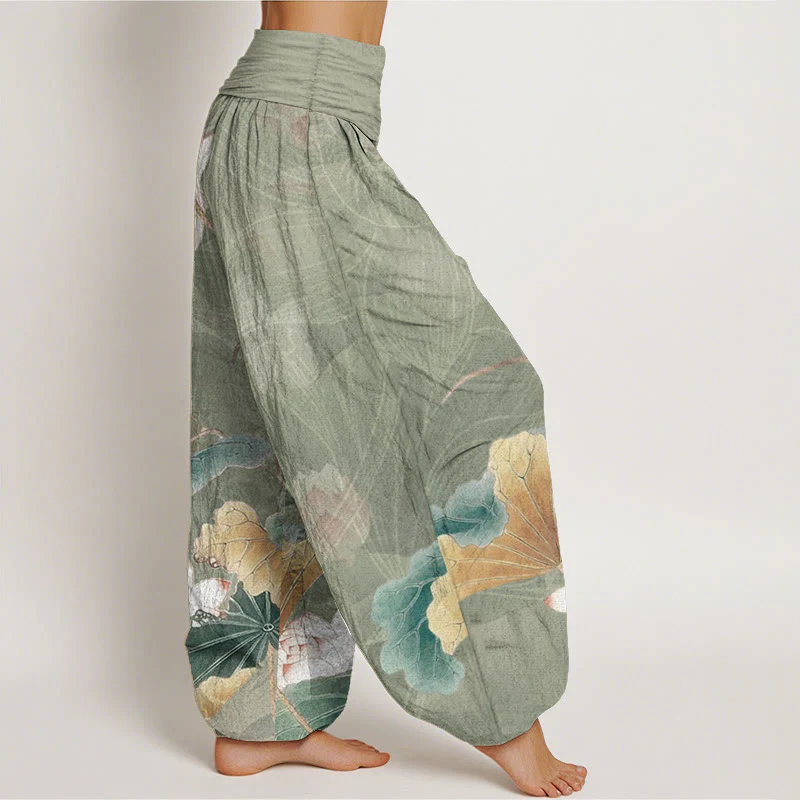 Buddha Stones Pure Cotton Lotus Flowers Leaves Pattern Women's Elastic Waist Harem Pants