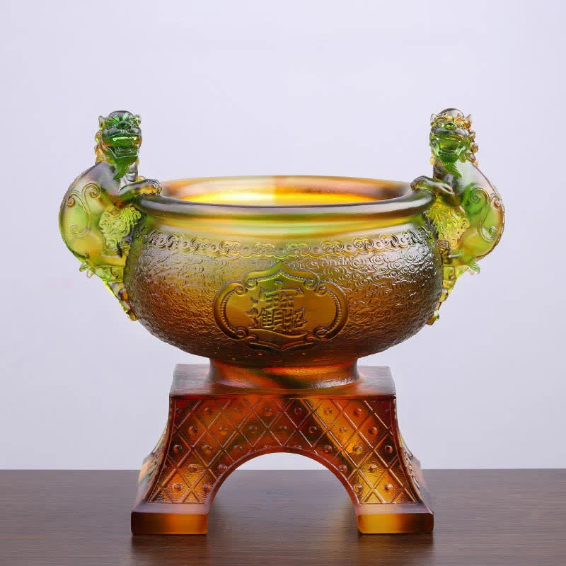 Buddha Stones Handmade Liuli Crystal PiXiu Treasure Bowl Art Piece Home Decoration