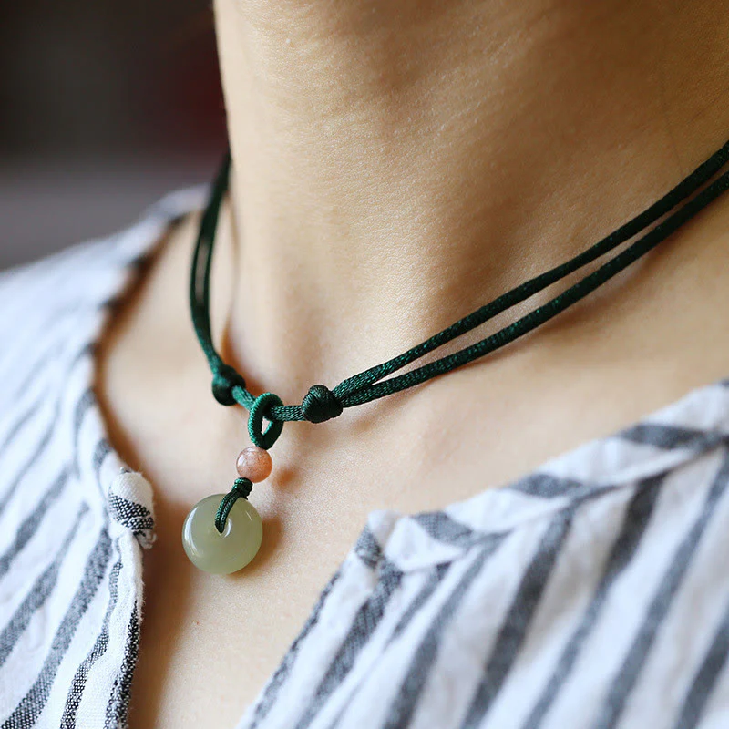 Buddha Stones Natural Round Jade Peace Buckle Lotus Abundance String Necklace Pendant