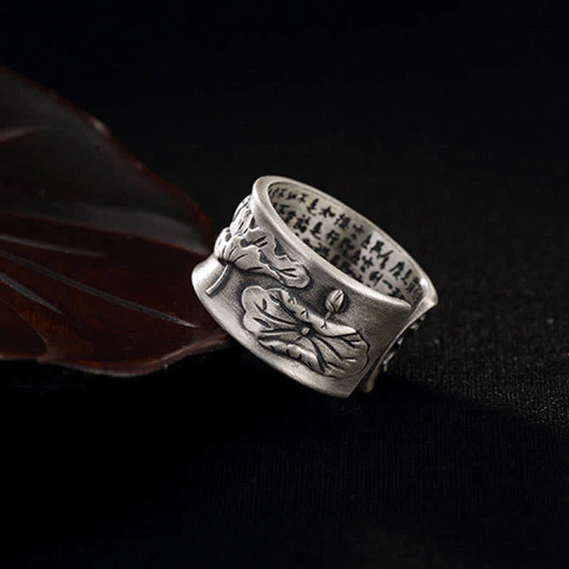 Buddha Stones 999 Sterling Silver Luck Koi Fish Lotus Heart Sutra Wealth Ring
