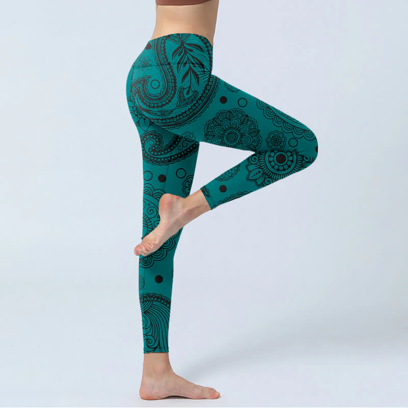 Buddha Stones Deep Green Cashew Flower Petals Print Gym Leggings Women's Yoga Pants
