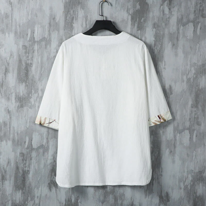 Buddha Stones Summer Frog-Button Yellow Bamboo Leaves Half Sleeve Men's Linen Shirt