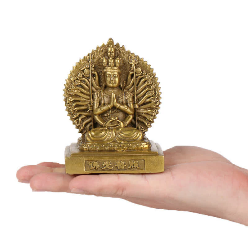 Buddha Stones Chenrezig Thousand-handed Avalokitesvara Figurine Double-sided Kuan Yin Bodhisattva Protection Solid Copper Statue Decoration