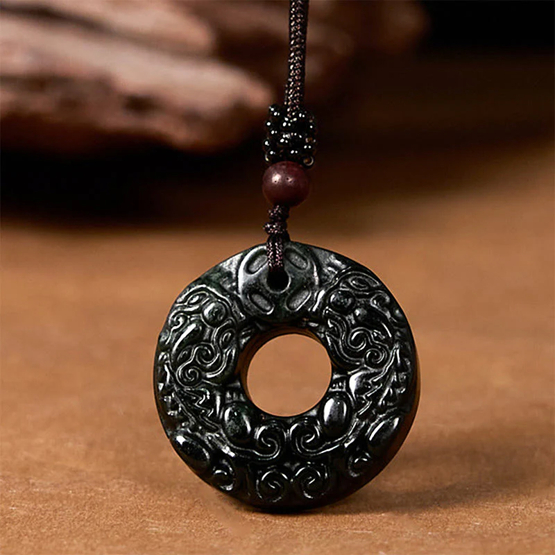 Buddha Stones Tibetan Nanyang Black-Green Jade PiXiu Peace Buckle Protection Necklace Pendant