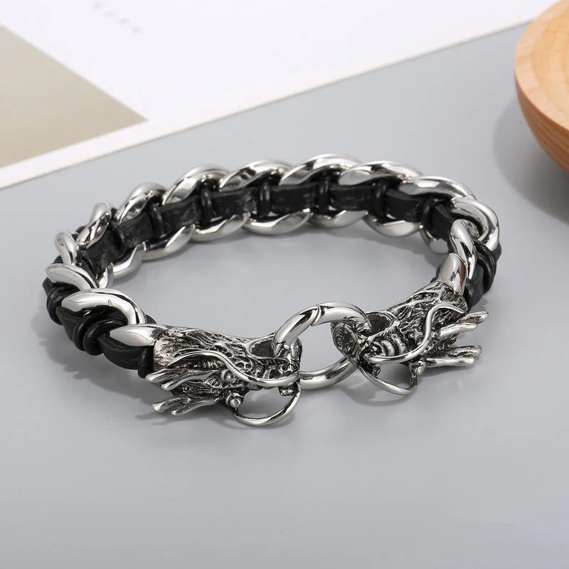 Buddha Stones Dragon Leather Titanium Steel Protection Luck Braided Bracelet