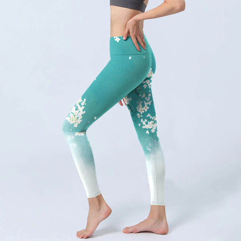 Buddha Stones White Pear Blossoms Print Gym Leggings Women's Yoga Pants