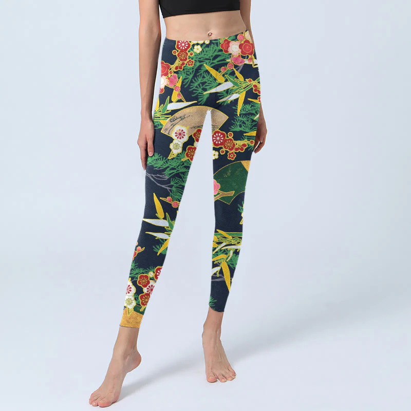 Buddha Stones Red Flowers Yellow-green Bamboo Pine Trees Print Gym Leggings Women's Yoga Pants