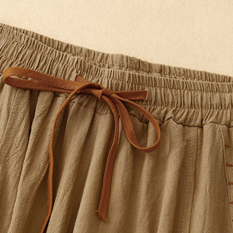 Buddha Stones Casual Simple Design Drawstring Split Cotton Linen Women's Wide Leg Pants With Pockets
