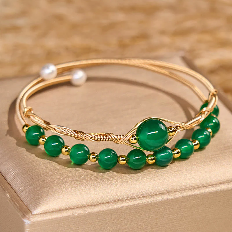 Buddha Stones 14K Gold Filled Copper Natural Green Agate Power Metal Cuff Bracelet Bangle