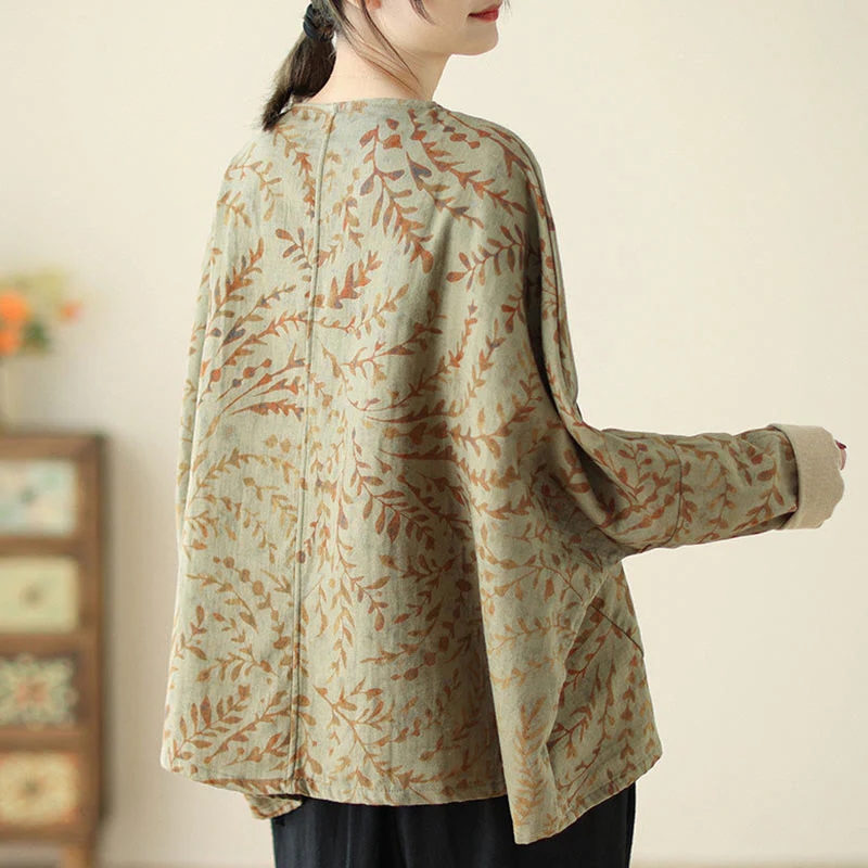Buddha Stones Leaf Print Women's Cotton Linen Jacket With Pockets