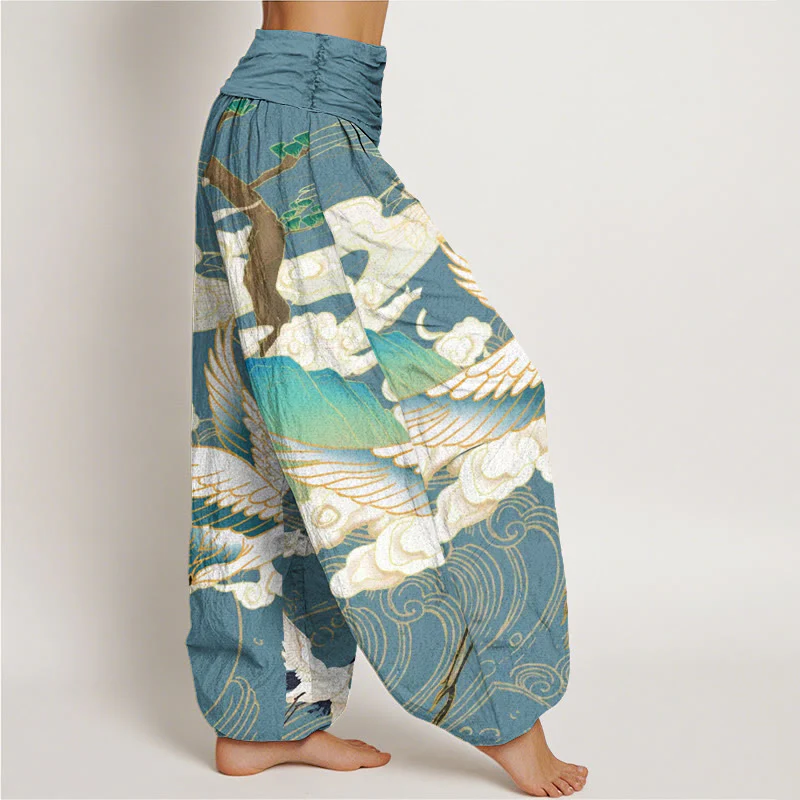 Buddha Stones Flying Cranes Auspicious Clouds Tree women's Elastic Waist Harem Pants