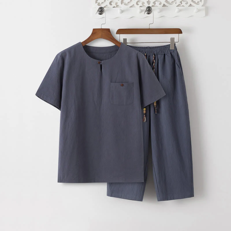 Buddha Stones Summer 2Pcs Plain Crew Neck T-Shirt Drawstring 7-8 Length Pants Cotton Linen Tang Suit Men's Meditation Cloth Set With Pockets