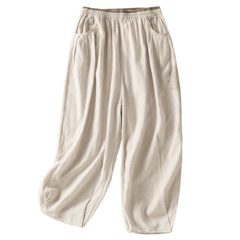 Buddha Stones Casual Embroidery Women's Cotton Linen 7-8 Length Harem Pants With Pockets