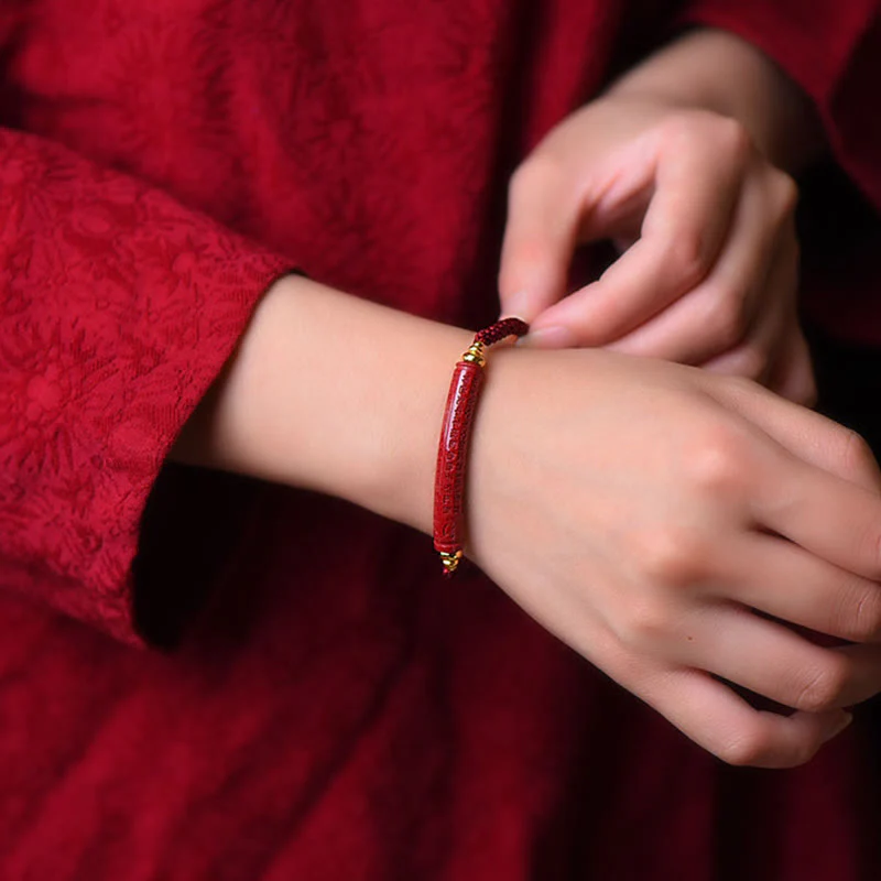 Buddha Stones Handmade Cinnabar Om Mani Padme Hum Heart Sutra Blessing Braided Bracelet