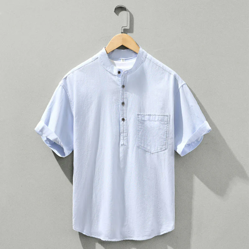 Buddha Stones Summer Solid Men's Half Button Short Sleeve Cotton Shirt