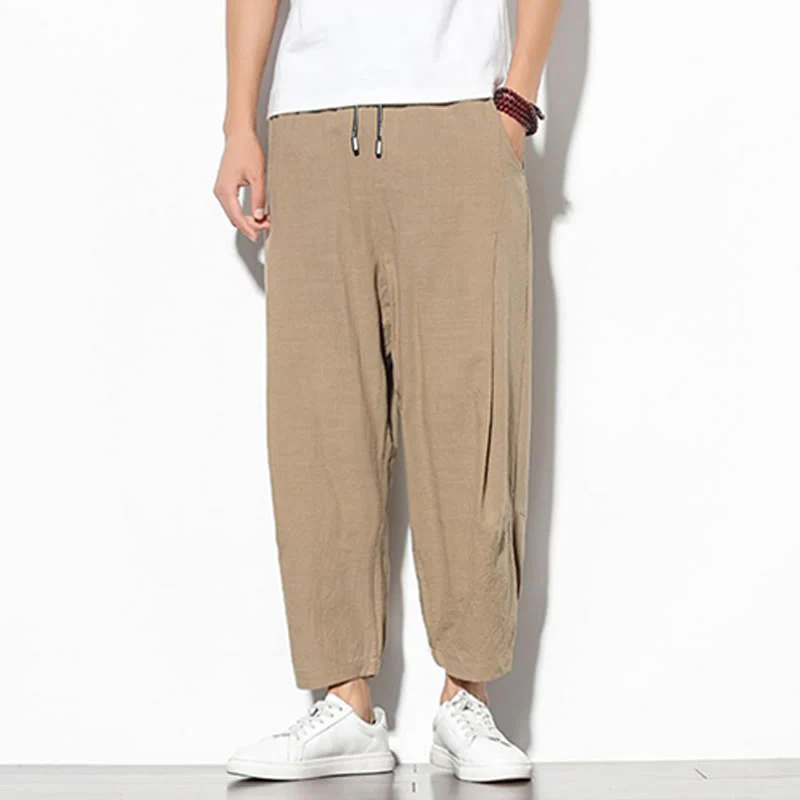 Buddha Stones Summer Men's 7-8 Length Cotton Linen Carrot Pants With Pockets