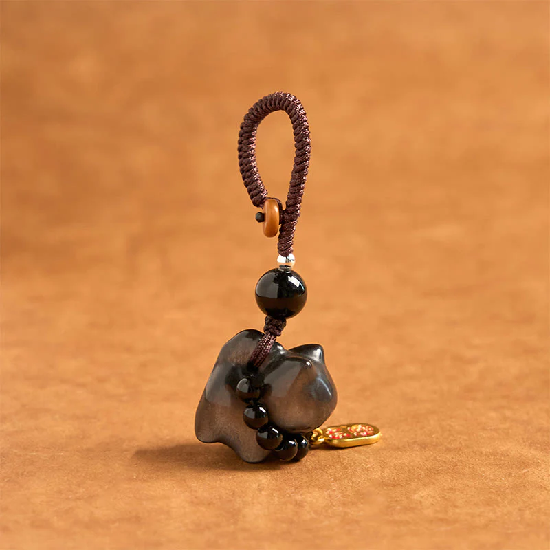 Buddha Stones Silver Sheen Obsidian Black Obsidian Gold Sheen Obsidian Cute Cat Fu Character Protection Key Chain Phone Hanging Decoration
